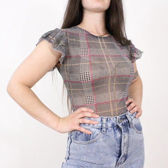 *Fashion Nova Plaid Ruffle Short Sleeve Sheer Bodysuit - Picture 3 of 8